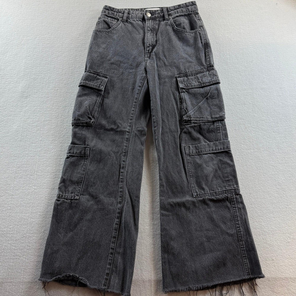 Cotton On Cargo Wide Leg Jean Women US 4 Black Frayed Hem Utility Denim 28x28